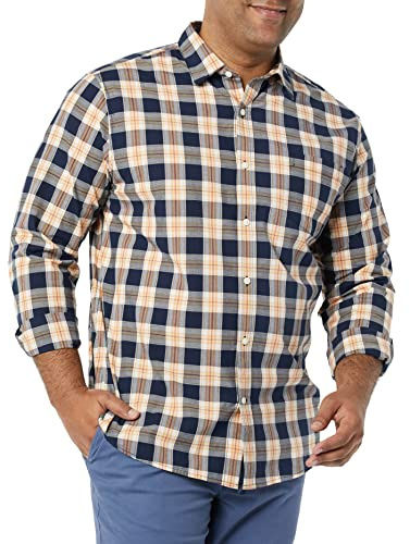 Amazon Essentials Men's Long-Sleeve Regular-Fit Stretch Poplin Shirt Shirt, -Navy/Gold, Plaid, Large
