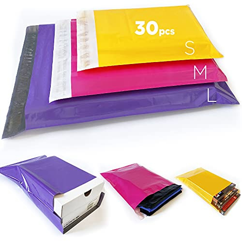 Enveloppes plastiques Sacs d’expédition colorées, Emballage colis Vinted pour vêtement, livre, boîte à chaussure, Pochettes envoie (32X45 25X35 20X30, Violet Rose Jaune, 30pcs)