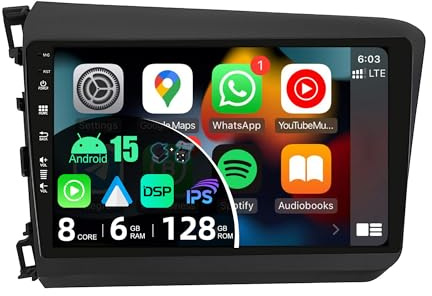 BXLIYER – [6G+128G] – Android 15 – bilradio för Honda Civic (2012–2015) – Trådlös CarPlay/Android Auto – LED-kamera + MIC – IPS 9 tum 2 Din – DAB rattkontroll fast båt 360-CAM AHD DSP