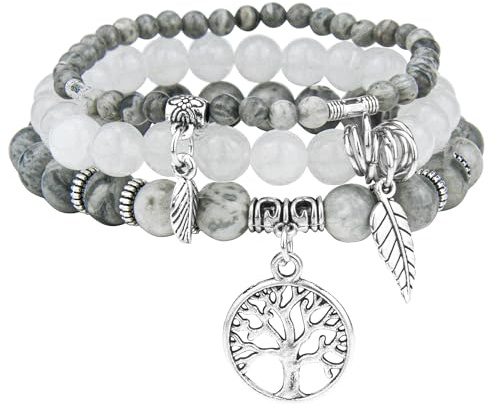 JUZICHEN 3 stycken boho armband set kvinnor kvinnor, yoga armband 17–24 cm, natursten armband med livets trädhänge, sommar färgglada armband för kvinnor, 17-24 cm, Rostfritt stål, Rostfritt stål