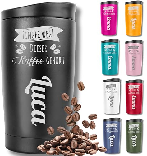 KUINEA Thermobecher personalisiert [100% auslaufsicher] Kaffeebecher To Go 350 ml – Geschenk mit Gravur nach Wunsch, personalisiertes Geschenk für Sie & Ihn, schwarz