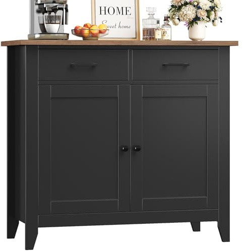 HOCSOK Credenza Buffet, Mobile da Cucina con 2 Armadi e 2 Cassetti, Armadio di Stoccaggio in Legno, Stile Farmhouse, per Soggiorno Sala da Pranzo, Ingresso, Nero, 82x40x91cm