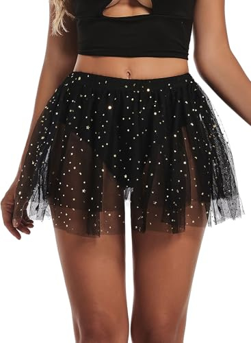 Damer glitter stjärnor paljetter tyllkjol – sexig rave festival outfit transparent meshkjol med stringshorts 80-tals fest halloween karneval klubbkläder streetwear Hawaii-tyll tyllkjol, svart, XL