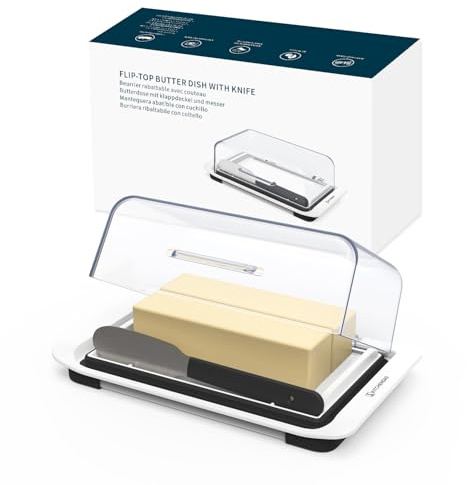 KITCHENDAO Airtight Flip-Top Butter Dish with Lid and Knife Spreader for Countertop and Refrigerator, Butter Keeper, Plastic Butter Holder Tray for 2 Sticks East Coast/ West Coast/ Kerrygold Butter