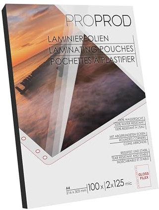 ProProd - Laminierfolien / Laminiertaschen / 11 vorgestanzte Ordner Löcher / - A4 2x125 Mikron - 100 Stück - Glänzend