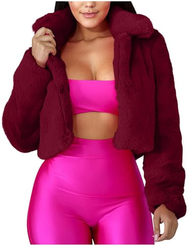 Manteau sexy en fourrure courte pour femme - Veste courte en fourrure synthétique - Couleur unie - Manteau douillet - Manteau en fourrure épaisse et chaude - Veste d'hiver à manches longues - Manteau