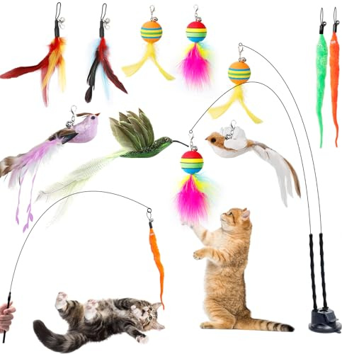 AiQInu 12 Pièces Jouet Chat Interactif, Interieur Jouets pour Chats avec Ventouse, 2 Canne à Pêche pour Chaton, Oiseaux à Clochettes Plume Jouet Chaton, Jouets Intelligence Chat Baguette