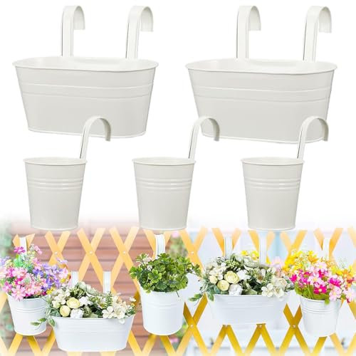 Cnwinu 5er Set Blumentöpfe zum Aufhängen,Blumenkasten Balkon,Blumentopf Hängend aus Metall (27x22x12cm) mit Abnehmbarem Haken&Drainageloch,Balkongeländer,Fenster–Hängende Blumentöpfe zum Aufhängen