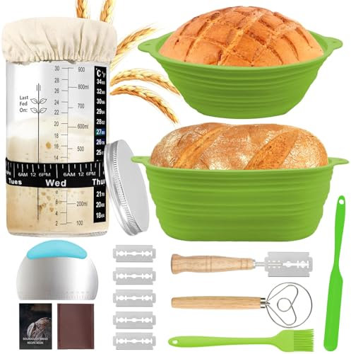 Cestino Pane Lievitazione, Set di 2 Cestini da Lievitazione per Pane in Silicone, Rotondo da 24cm e Ovale da 25cm, Cestini Pieghevoli per Pane, Kit Completo per Panificazione e Lievito Madre (Verde)