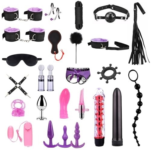 Kit BDSM Bondage 26 Pezzi Qoosea per Coppie Manette Regolabili Cavigliere Collare con Set di Plug Anale Pinze per Capezzoli Frusta Benda per Sex Toys Vibranti per Giochi Sensuali per Adulti