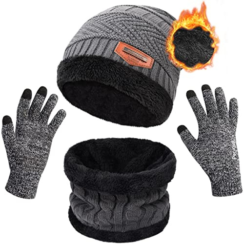 Petrunup Slouch Beanie Guantes Tactil,Gorros y Bufanda para Hombre Mujer Dama, Fleece Lined Gorros y Calentador de Cuello y Guante Invierno, Gris