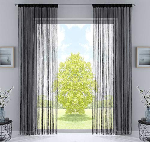 2er Set Fadengardine, HxB 250x140 cm, Schwarz mit Tunneldurchzug und eingenähtem Kräuselband, geeignet für Gardinenstangen und Gardinenschienen Fadenvorhänge Fadenstores Raumteiler, 20303CN2