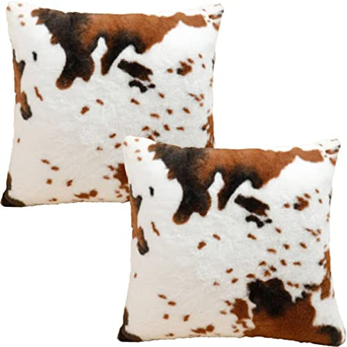 Entua Faux Fur Throw Pillow Covers Cow Cushion Cover 18x18 Brown White | Soft Animal Fur Cowhide Print Accent Pillows Covers Western Farm Farmhouse Pillowcases for Couch Sofa Bed Bedroom Living Room