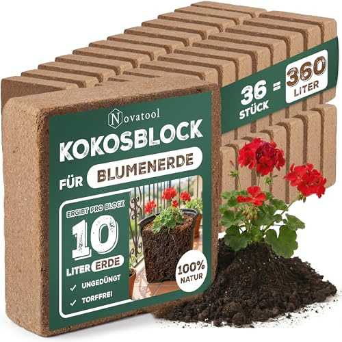 Lot de 36 terreaux de coco avec sac pour plantes d'intérieur - 360 litres - 750 g - 19 x 18 x 5 cm - En fibres de coco - Terre d'humus - Terre de fleurs bio - Terre de coco fine