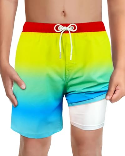 Boys Rainbow Colored Swim Trunks with Boxer Brief Liner Anti Chafe No Pinching Swimming Shorts Compression Lined 4-Way Stretchy UPF Quick Dry Swimsuit Size 7-8