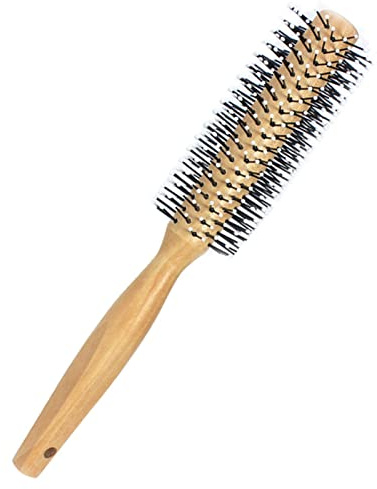 Round Curling Comb with Original Wooden Handle Made of Pure Beech Wood,Gentle Nylon Bristles,For All Hair Styles,Natural and Gentle Hair Brush (Yellow)