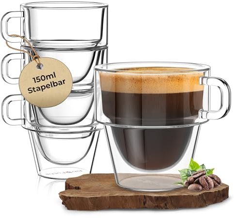 ElbFuchs® Espressotassen Set [4x 150ml] STAPELBARES PLATZWUNDER | Espresso Gläser doppelwandig mit Henkel | Thermogläser doppelwandig | Ideal als Espressokaffeegläser | Mokkatassen