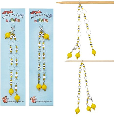 NBEADS 2 Pcs 2 Sizes Yellow Wood Beads Pendant Knitting Row Counter Chains, Opaque Acrylic Number Bead Row Counter Chains for Knitting Crochet Tracking Project Progress