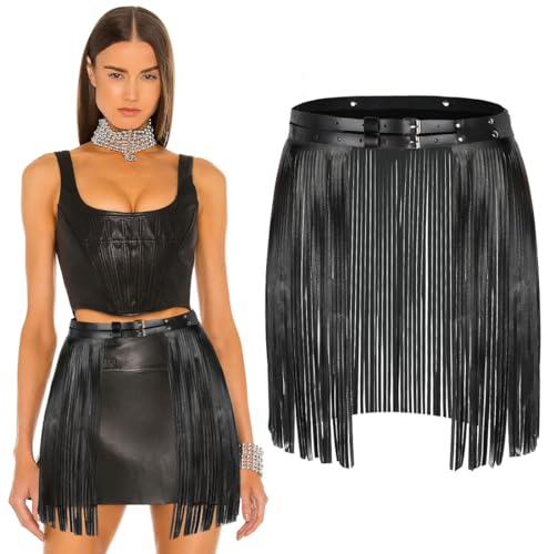 Black Streaming Skirt Damen Fransen Rock Gürtel, Mode Kunstleder Quaste Taillengürtel, Festival Rave Outfit Damen Schwarz, Punk Gothic Leder Cinch Taillengürtel für Bikini Club Party Cowgirl