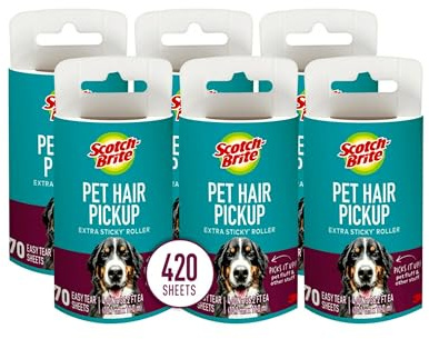 Scotch-Brite Pet Hair Pickup Extra Sticky Lint Roller, Designed for Removing Fur + Fluff on Couches, Clothes, Dog and Cat Beds, & More, 6 Pack, 420 Easy-Tear Adhesive Sheets Total
