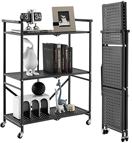 KOMFOTTEU Carrello Cucina Pieghevole a 3 Ripiani, in Mettallo, Scaffale Cucina con Ruote, Scaffale per Microonde, Forno, Tostapane, Carrello di Servizio Salvaspazio, 73 x 33 x 94 cm, Nero