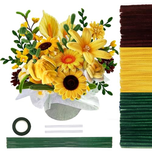 TOAOB 200 Piezas Limpiapipas Naranja Marrón y Verde Kits de Manualidades Tallos de Chenilla con Tallo Floral Artificial y Cinta de Flores para Artesanía y Decoración de Ramos de Girasol
