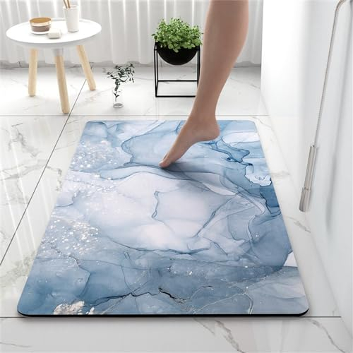 Hixingo Kieselgur Badematte rutschfeste Modern Marmor Badvorleger Absorbierender Badezimmerteppich, Waschbar Schnelltrocknende Bodenmatte für Dusche, Badewannen, Küche (80x120cm,Hellblau)