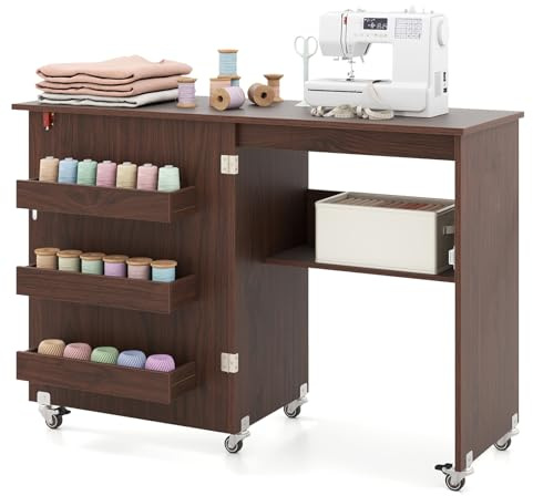 COSTWAY Folding Sewing Table, 2-in-1 Rolling Craft Table with Storage Shelves and Lockable Casters, Space Saving Sewing Machine Cabinet Computer Desk (Brown)