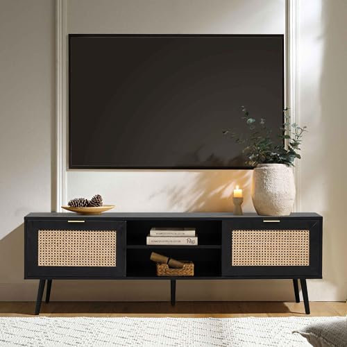 Home Stuff Plus TV Stand Cabinet - Black Rattan TV Stand With 2 Shelves and Cupboards For Storage - 5 Solid Pine Legs TV Unit For Bedroom Living Room Furniture W150XD40XH52cm