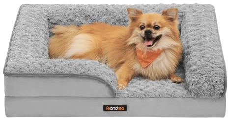 Feandrea Panier pour Chien, Lit pour Animal, Orthopédique, Mousse Alvéolée, Bords Surélevés Rembourrés, Housse Amovible en Tissu Peluche aux Motifs Roses, 71 x 58 x 16 cm, Gris Tourterelle PGW251G01