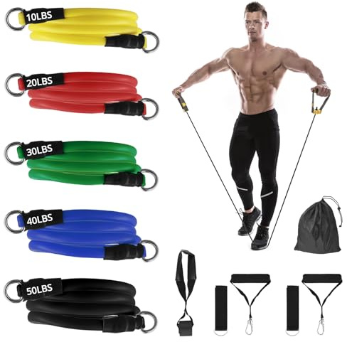 QWORK® 5Pcs Resistance Bands Set, 150LB/68kg Strength, with 2 Foam Handles, 2 Ankle Straps, 1 Door Anchor, for Home Gym Physical Training