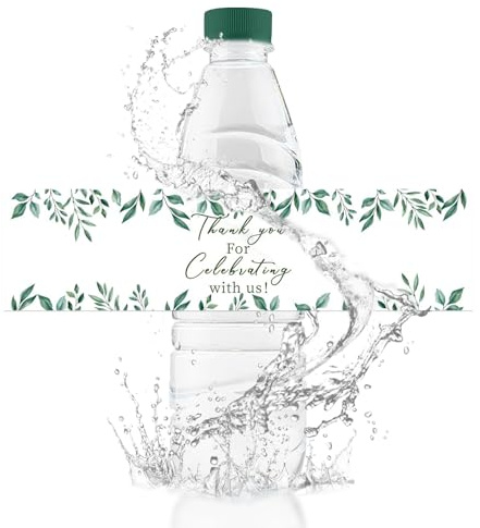 URROMA Lot de 50 étiquettes imperméables pour Bouteille d'eau avec Inscription « Thank You for Celebrating with Us » - Feuille Verte - Décoration pour Mariage, fête prénatale