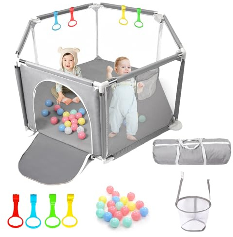 CHOLY Baby Playpen for Baby and Toddlers, Sturdy Six Sides Play Pen with Breathable Mesh, Kids Activity Play Fence for Indoor Outdoor with Travel Bag(Light Grey)