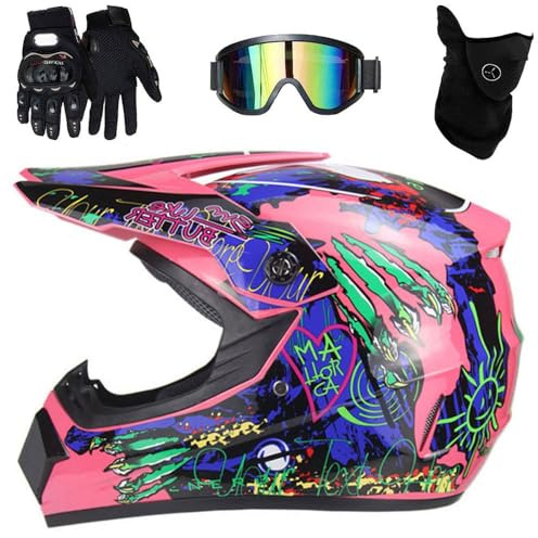 Casco da Moto Per Bambini E Adulti, MTB, Scooter, Downhill, Enduro, Set con Guanti, Occhiali E Maschera, Omologato DOT(Pink claw,L(56-57cm))