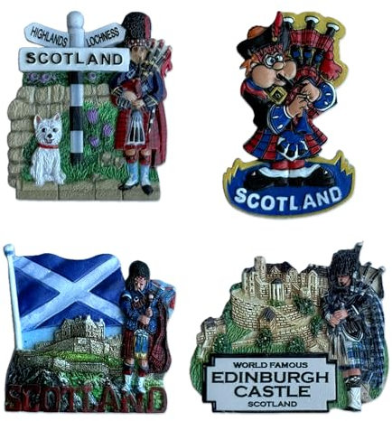 LILAJ Scotland Fridge Magnet Set of 4 – Handcrafted Resin Souvenirs Featuring Edinburgh Castle, Westie Dog, Highland Bagpipes, Saltire Flag & Thistle – Scottish Heritage Travel Gift & Home Décor