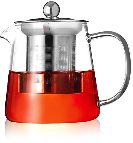 PluieSoleil Clear Glass Teapot with Infuser, Round Shape Infuser Tea Pot, Heat Resistant Borosilicate Glass Strainer Teapot 450ML