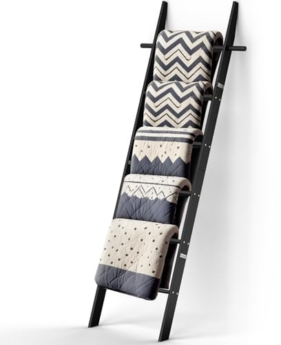 chilinii Farmhouse Wooden Blanket Ladder with Removable Hooks Black 6-Tier