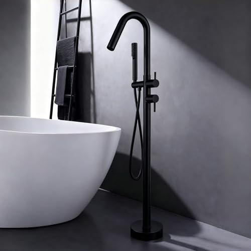 XDSMB Grifo de Pie para Bañera Exenta Negro 2 Modos Grifo Bañera y Ducha con Alcachofa Montaje en Suelo