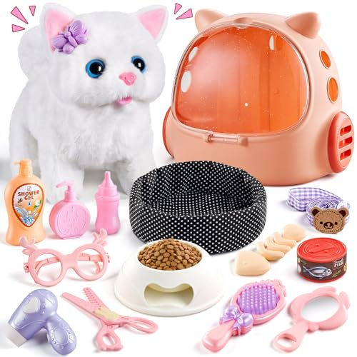 VEEVIFUN Jouet Chat Interactif pour Filles,Chat Robot avec Marche,Chat en Peluche Interactive aux Jouets Filles 4 5 6 Ans,Idéas de Cadeau d'anniversaire pour Les Filles âGéEs de 3 4 5 6 7 Ans