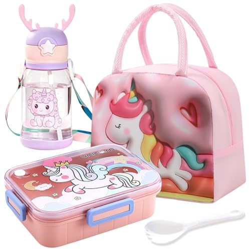Unicorno Scatole Bento, Porta Pranzo Lunch Box con Borraccia Borsa Termica Posate Schiscetta Pranzo Borse Frigo Pranzos Bento Box con Scomparti Studente Portapranzo Portatile per Picnic Scuola Uffici
