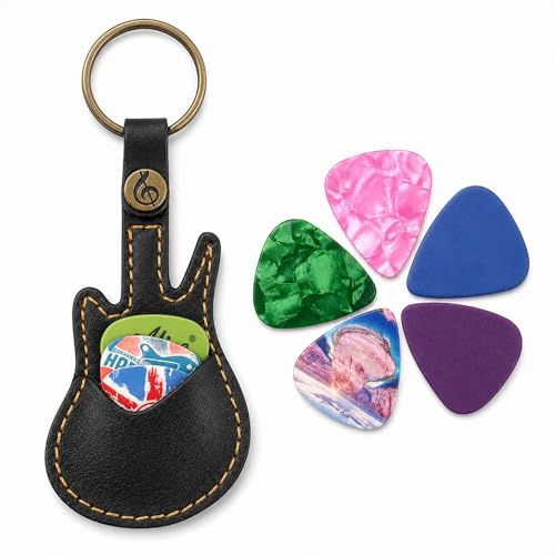 QIHAWN Leather Guitar Pick Holder with 5 Picks, Keychain for Musicians | Genuine leather & brass build, keychain portable design, 5 guitar picks included, for practice live gigs guitarists