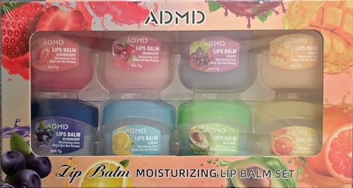 ADMD Set di 8 Balsami Labbra Idratanti Fruttati - Kit Burrocacao Nutriente all'Olio di Jojoba e Avocado - Trattamento per Labbra Secche e Screpolate - 8 Vasetti da 7g