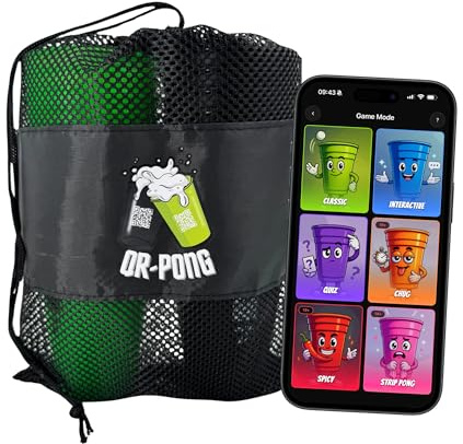 QR-Pong - Beer Pong avec application et 3 000 tâches amusantes - 22 gobelets en plastique rigide réutilisables - Le cadeau d'anniversaire le plus cool - Set de jeu à boire + lot de 10 balles
