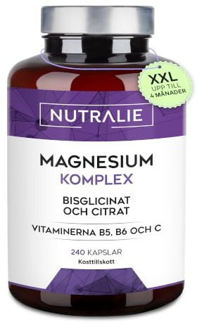 Magnesiumkomplex 2145mg Bisglycinat Citrat, Trötthet | Vitaminerna B5 B6 C, Veganskt Magnesiumtillskott, 240 Kapslar Nutralie