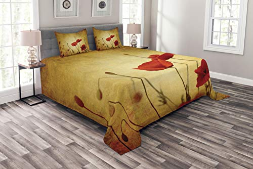 ABAKUHAUS Mohnblumen Tagesdecke Set, Mohnblu Bohemian, Set mit Kissenbezügen Waschbar, für Doppelbetten 264 x 220 cm, Creme Rot