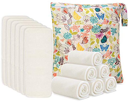 Damero 5 Schichte Windeleinlagen, 12 Stück Wiederverwendbare Babywindeln mit Wetbag, Stoffwindel Einlagen aus Bambusfaser, Bambusfaser