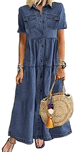 ORANDESIGNE Denim Robe Femme Été Chemisier Robe Manches Courtes Col en V Robe Tunique Grande Taille Vintage Jean Bouton Hauts Mini Robe Shirt Dress avec Poches A Bleu Marin XL