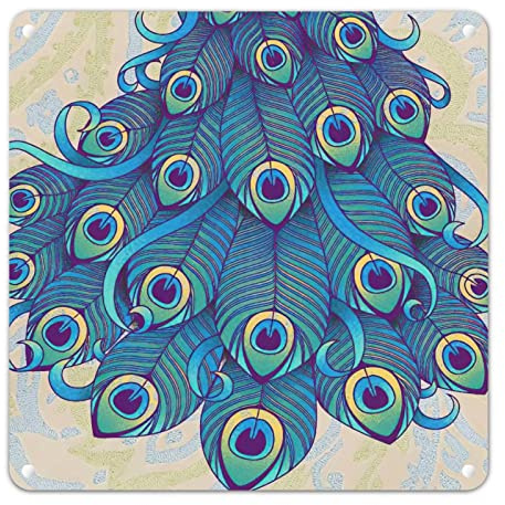 Letrero de metal con estampado gráfico vintage de plumas de pavo real azul, colorido y elegante, divertido cartel para colgar en el jardín, para el hogar, pasillo, sala de estudio, cueva de hombre, 12