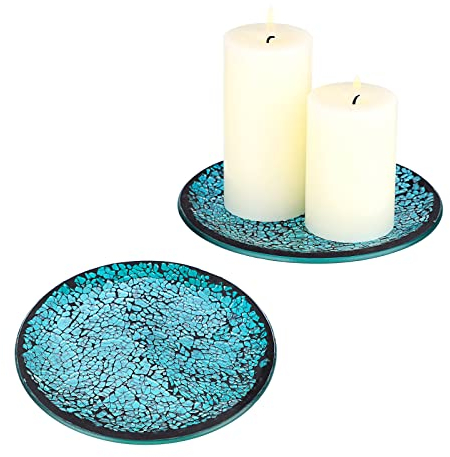 BSTKEY Set of 2 Mosaic Glass Candle Plates, Decorative 15CM Round Candle Plate Holder Pillar Candle Holder, Tealight Candle Mat Cup Plate Coasters (Blue)