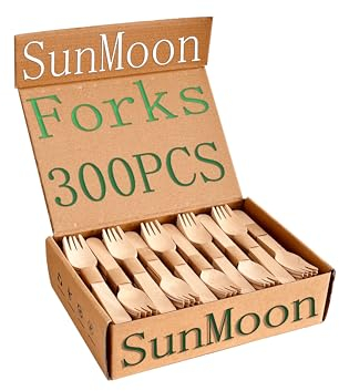 SunMoon Eco Friendly 300 Pack Wooden Forks Disposable, 16cm Long, Plastic Free Packaging，Substitute for Plastic and Bamboo Forks, Disposable for Parties, Camping, Weddings, Garden